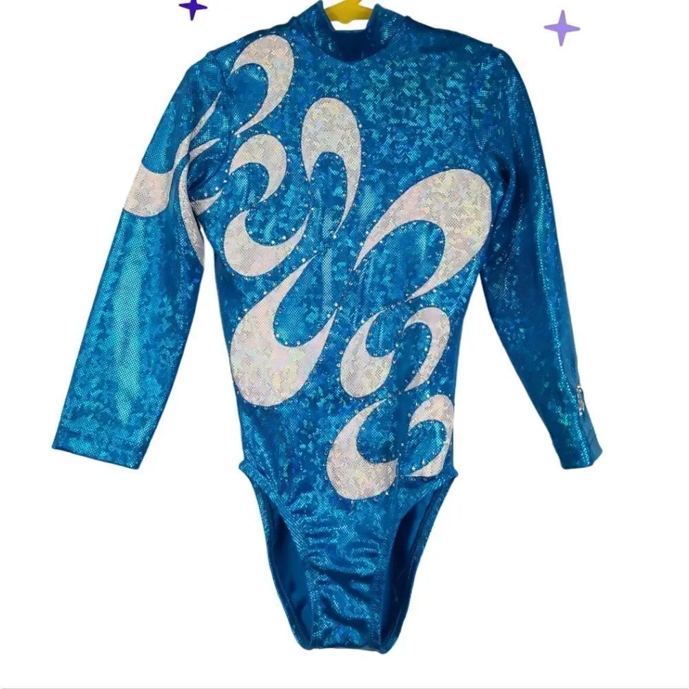 Turquoise Sparkle Gymnastics Leotard Holographic Rhinestone Long Sleeve Girl CLA